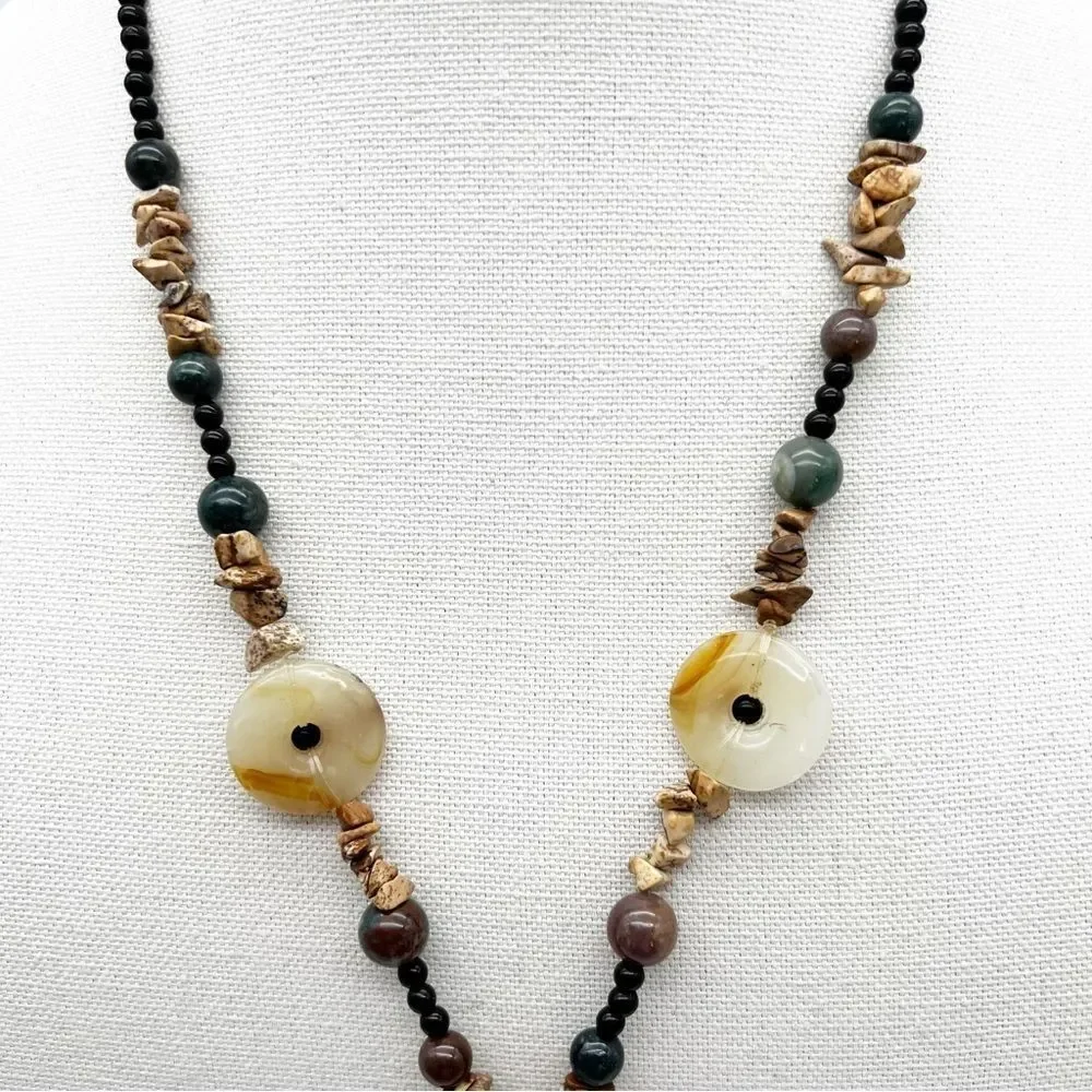 Natural Stone Round Bead Oval Pendant Chip Tassel Boho Fashion Necklace 34”